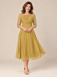 Gold-Lace Applique Pleated Tea Length Mother of The Bride Dresses