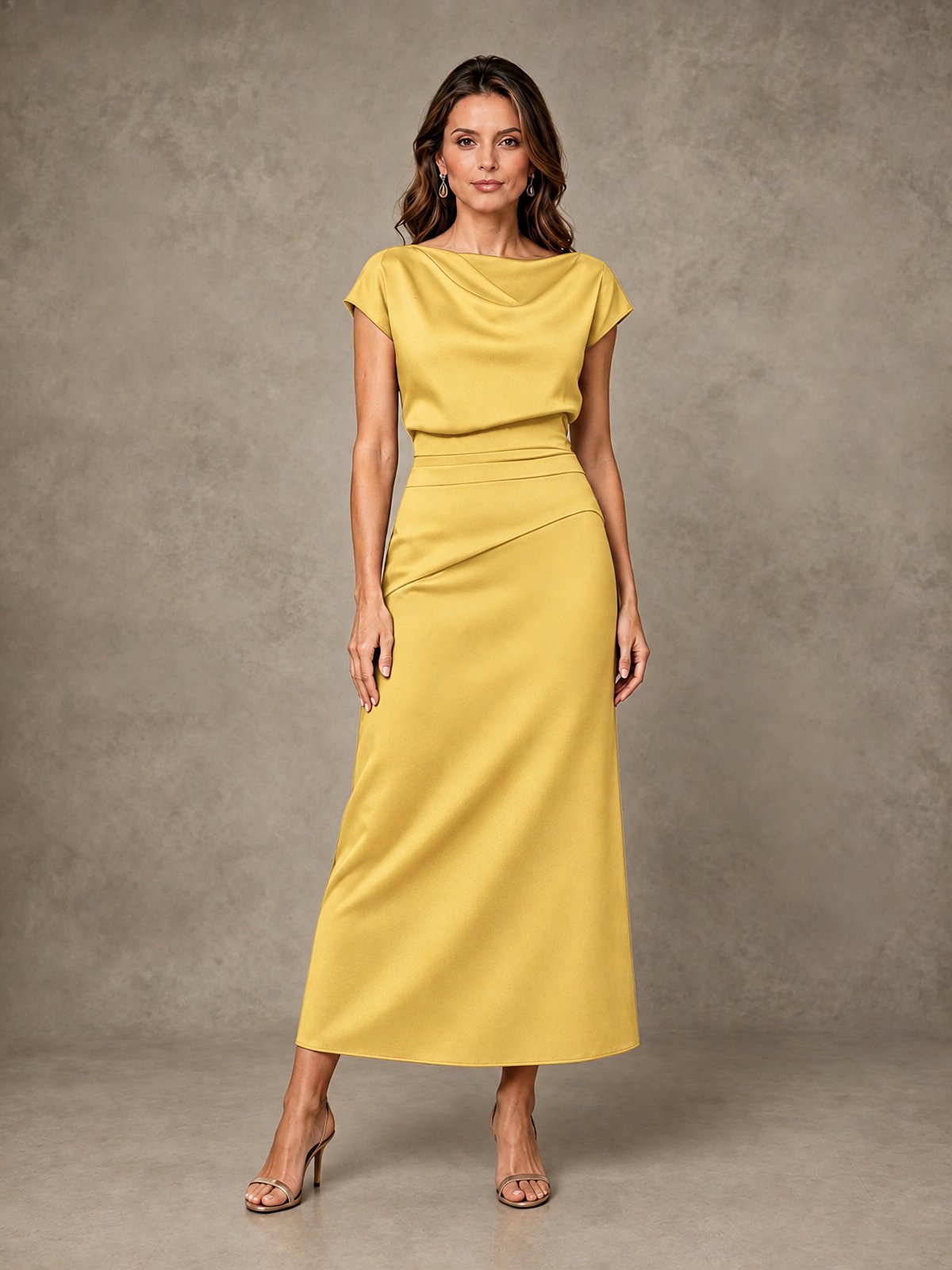 Cowl Neck Satin Mother of the Bride Dress with Ruched Waist
