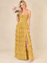 Ruffled Tiered Chiffon Prom Dress Spaghetti Straps Formal Maxi Dress with Slit