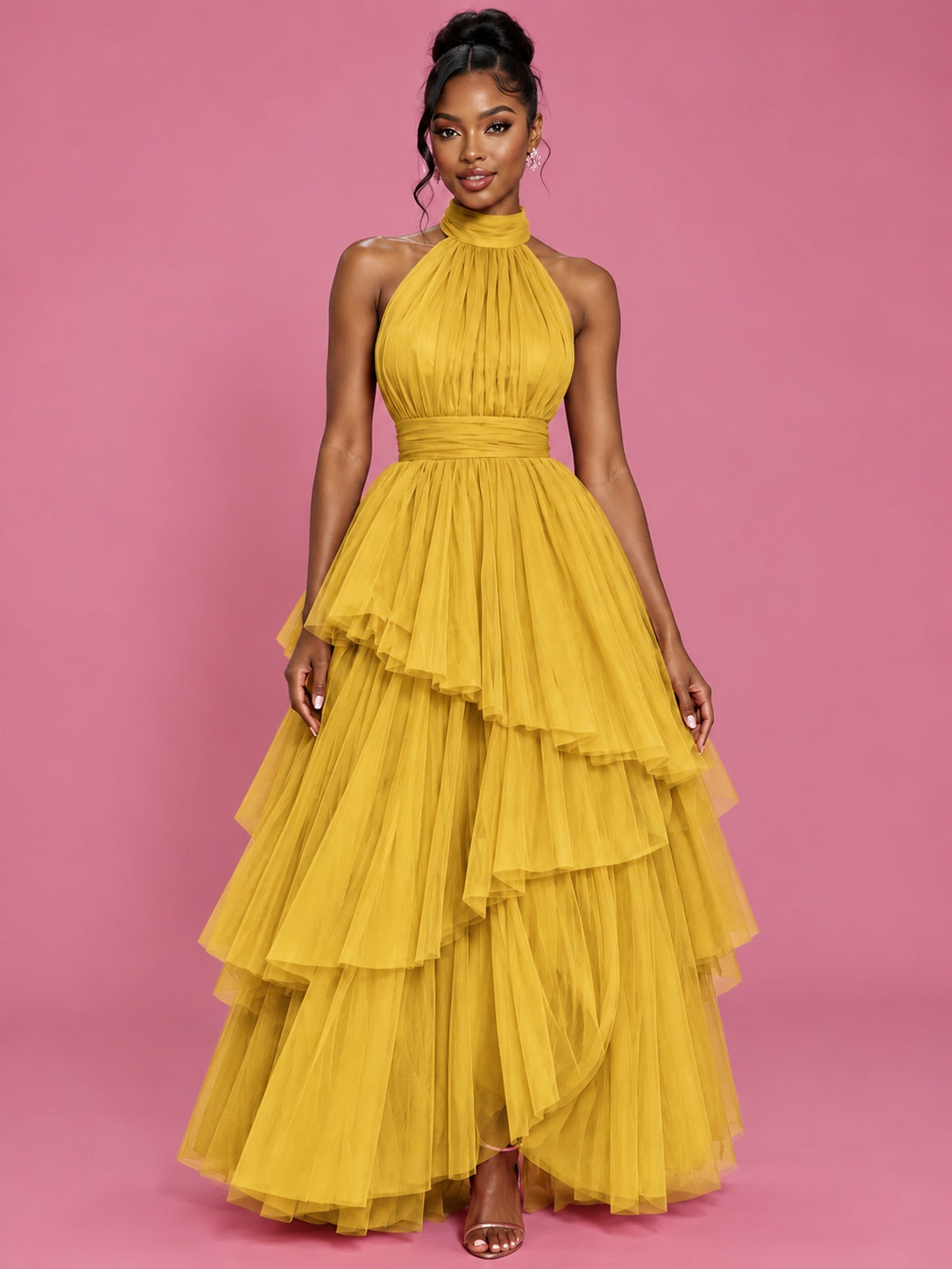 Hot Pink Tulle Halter Neck Tiered Ruffle Maxi Dress