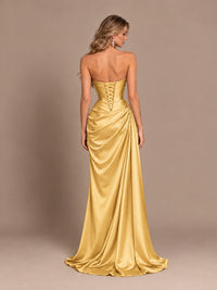 Dusty Blue Strapless Satin Prom Dress with Ruched Bodice and Slit