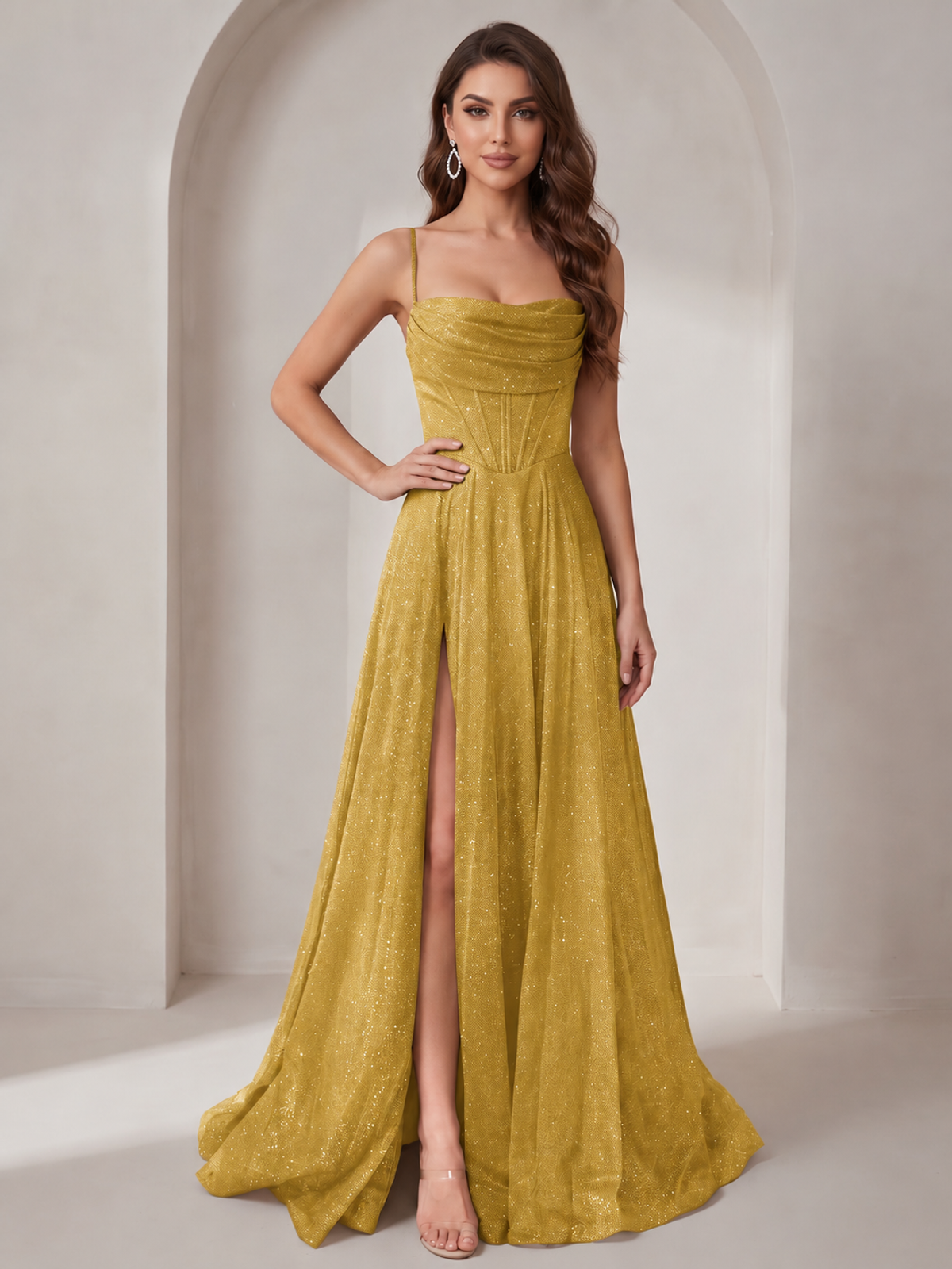 Sparkly Cowl Neck Corset Long Prom Dress with Slit A-line Tulle Ball Gown