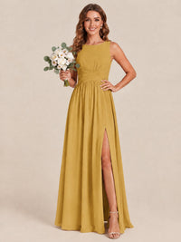 A-line Sleeveless Rucehd Chiffon Bridesmaid Dress with High Slit