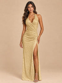 Gold-Blush Pink Halter V-Neck Sequin Mermaid Prom Dress with High Slit Jovellee