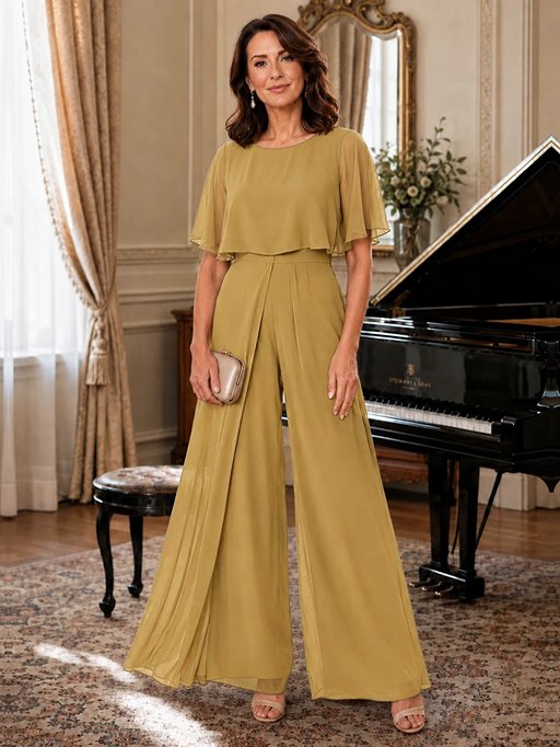 Chiffon Mother of the Bride Jumpsuit with Layered Cape Sleeves