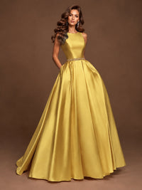 Satin A-Line Prom Dress Sleeveless Beaded Waist Formal Gown with Pockets