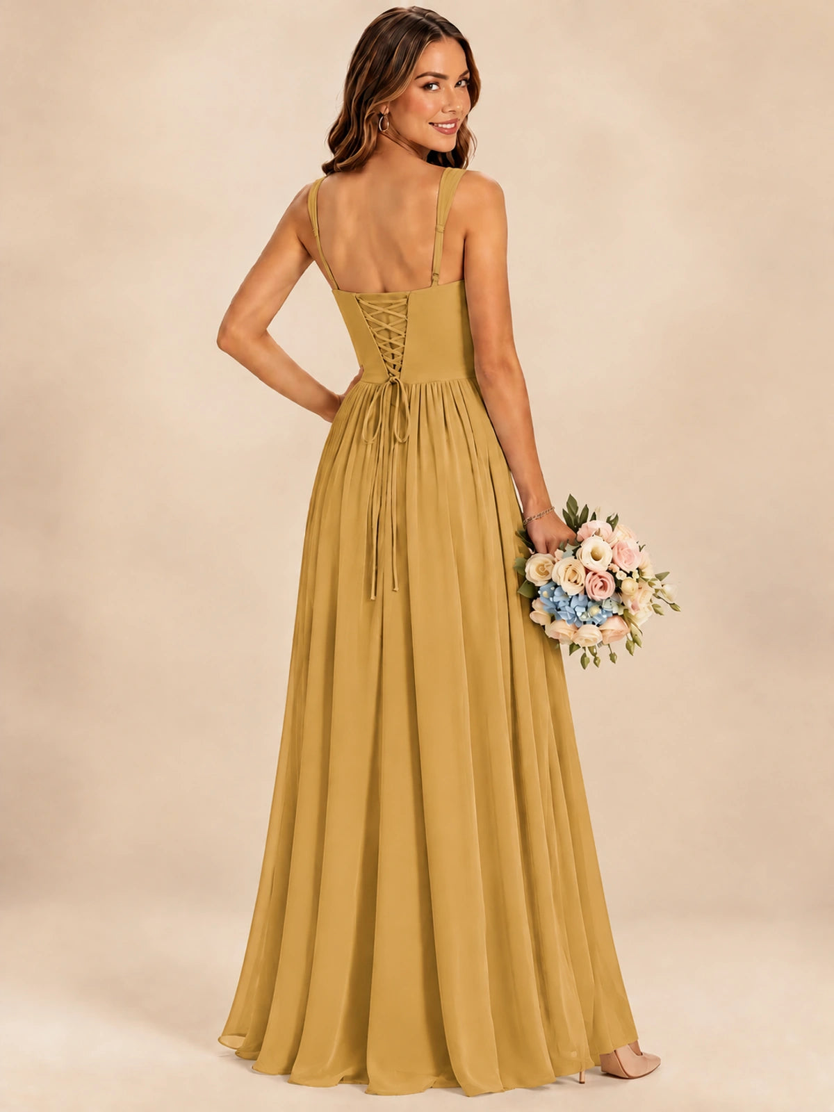Spaghetti Straps Pleated Chiffon Bridesmaid Dress with Ruffle Slit