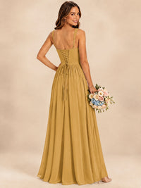Spaghetti Straps Pleated Chiffon Bridesmaid Dress with Ruffle Slit