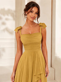 Ruffle Slit Chiffon A Line Scoop Neck Bridesmaid Dresses with Pockets