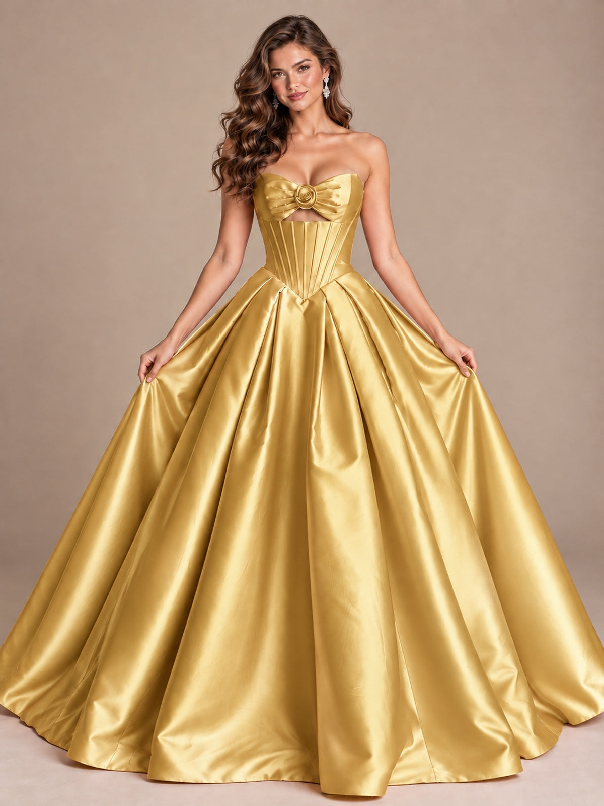 Pink Strapless Corset Satin Prom Derss & Ball Gown with 3D Floral