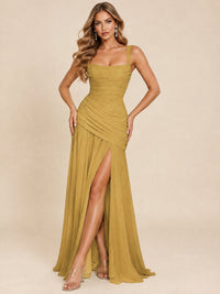 Wrap Pleated Prom Dress Scoop Neck with Slit Women Wedding Formal Dress