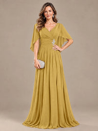 Ruched V Neck Mother of The Bride Dresses with Shawls Appliques and Cap Sleeves