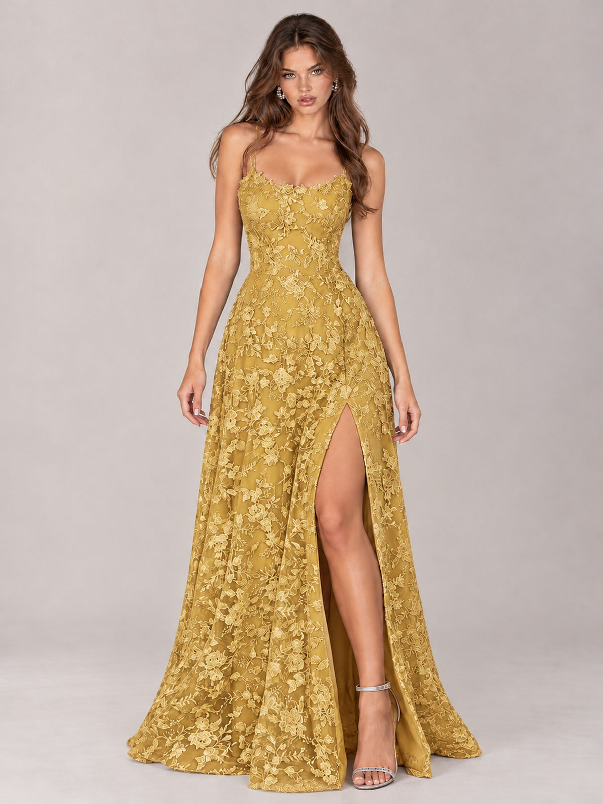 Floral Lace A-Line Prom Dress with Spaghetti Straps & High Slit