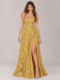 Floral Lace A-Line Prom Dress with Spaghetti Straps & High Slit