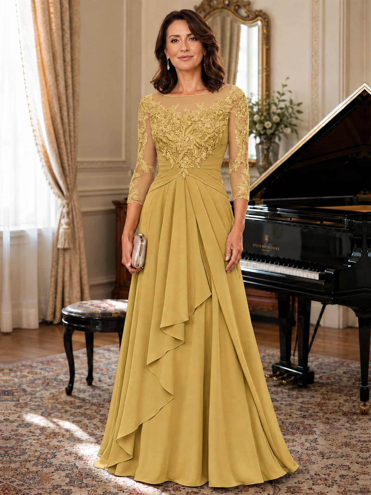 A-Line Chiffon Mother of the Bride Dress with Floral Applique 3/4 Sleeves