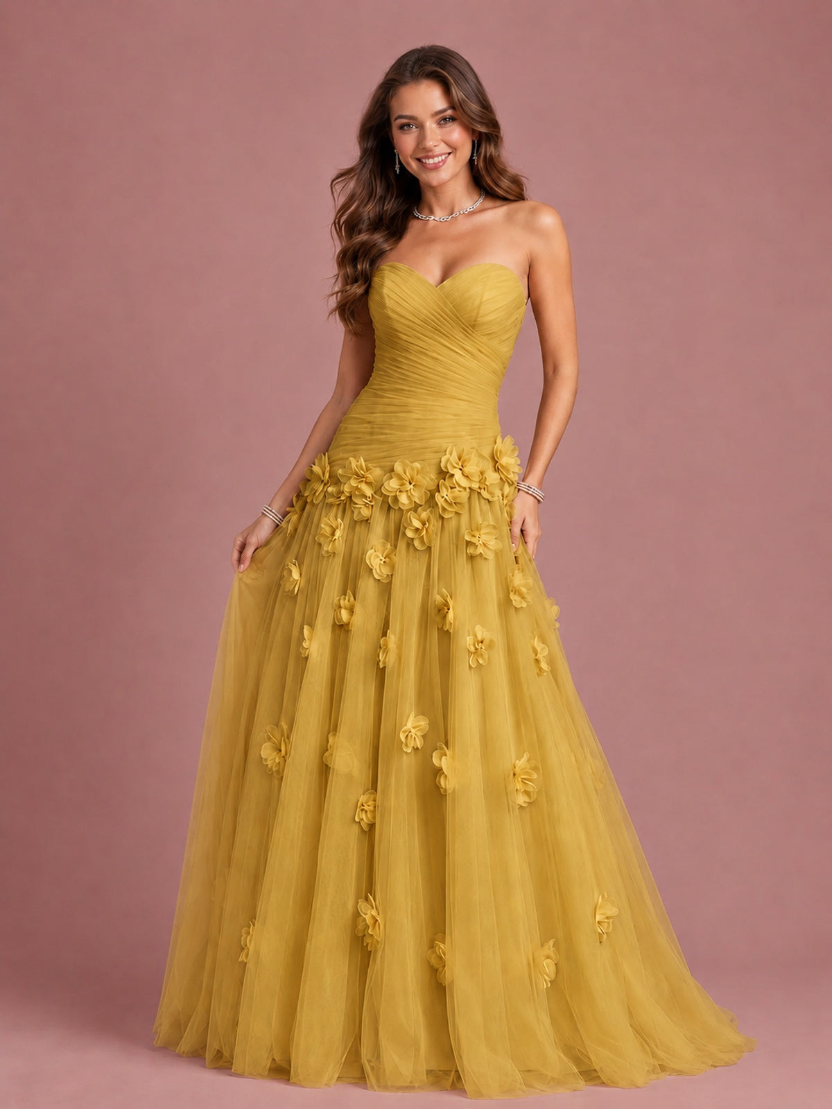 Blush Pink Strapless Sweetheart 3D Floral Tulle Ball Gown Prom Dres