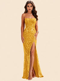 Sequin Lace Appliques Mermaid Prom Dress Spaghetti Strap Formal Gowns with Slit