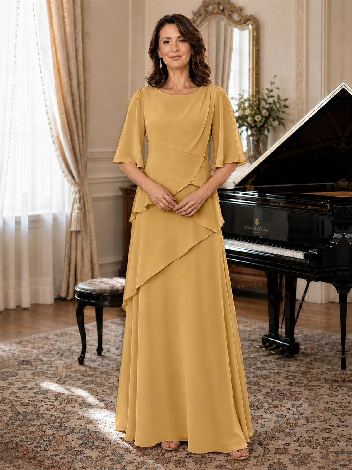 Asymmetric Draped Chiffon Mother of the Bride Dress with Flutter Sleeves