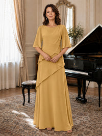 Asymmetric Draped Chiffon Mother of the Bride Dress with Flutter Sleeves
