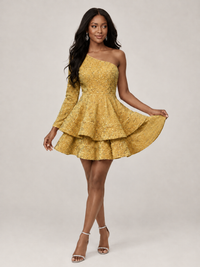 Puffy One Shoulder Sequin Tiered Mini Dress