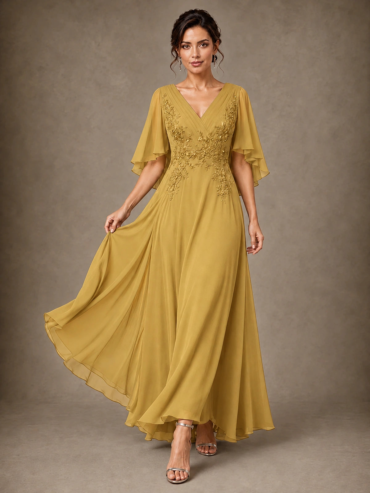 V-Neck Chiffon Lace Mother of the Bride Dress with Flutter Sleeves