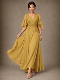 V-Neck Chiffon Lace Mother of the Bride Dress with Flutter Sleeves