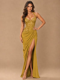 Sweetheart Halter Prom Dress Pleated Lace Floral Formal Dress with Slit