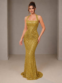 Gold Halter Sequin Mermaid Ruched Prom Dress Long Ruched Evening Gown