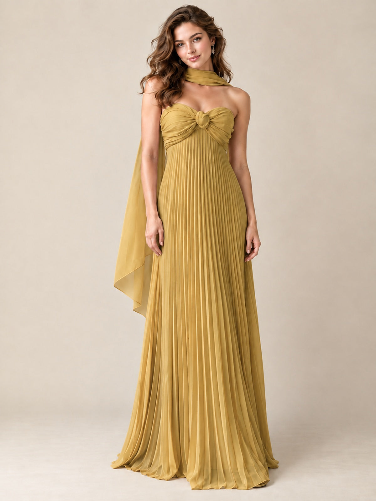 Sweetheart Neckline Pleated Prom Dress Strapless A-line Formal Dress with Flowy Scarf