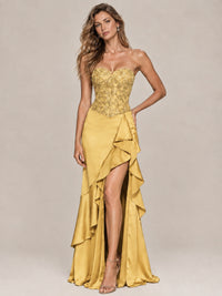 Strapless Lace Appliques Corset Satin Prom Dress Ruffle Slit Evening Gown