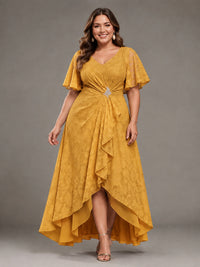 Jacquard Chiffon A-Line V-Neck High-Low Mother of the Bride Dress