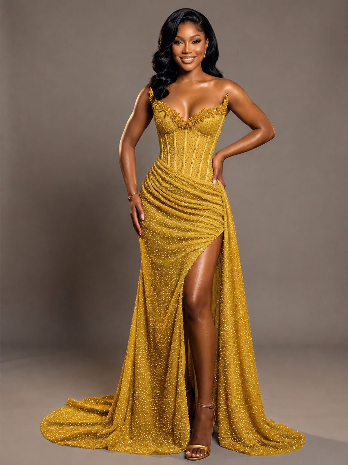 Gold Strapless Sequin Corset Mermaid Prom Dress with High Slit & Train Sparkly Evening Formal Gown