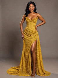 Gold Strapless Sequin Corset Mermaid Prom Dress with High Slit & Train Sparkly Evening Formal Gown