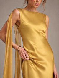 Burgundy Satin Mermaid Cape Maxi Dress