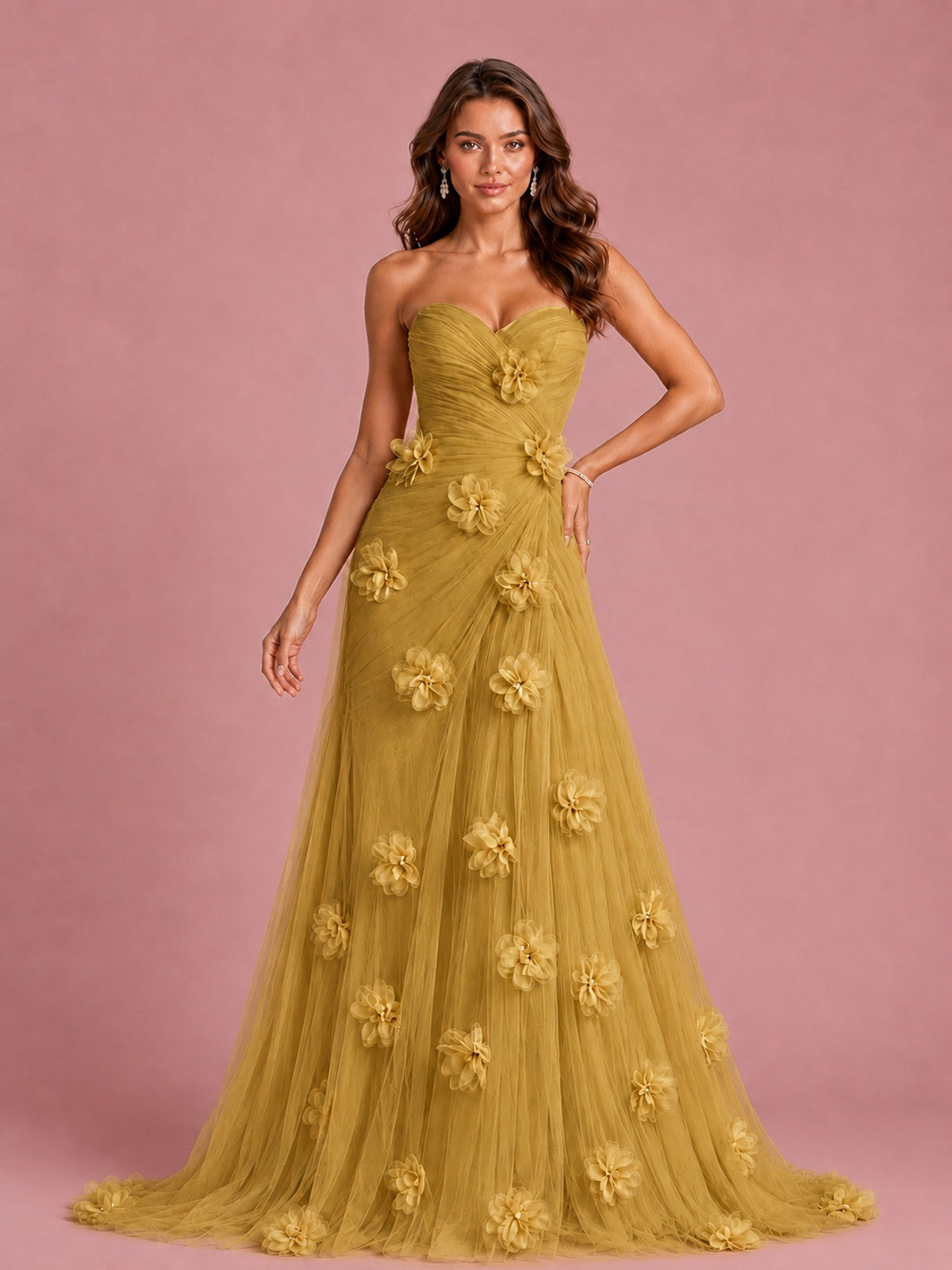 3D Floral Applique Strapless Tulle Prom Dress with High Slit