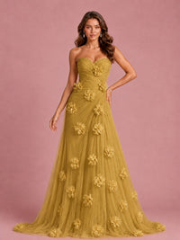 3D Floral Applique Strapless Tulle Prom Dress with High Slit
