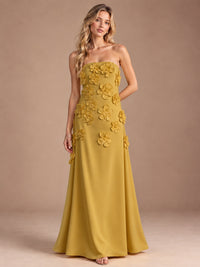 Gold-Strapless 3D Floral A-line Satin Prom Maxi Dress Formal Evening Gown