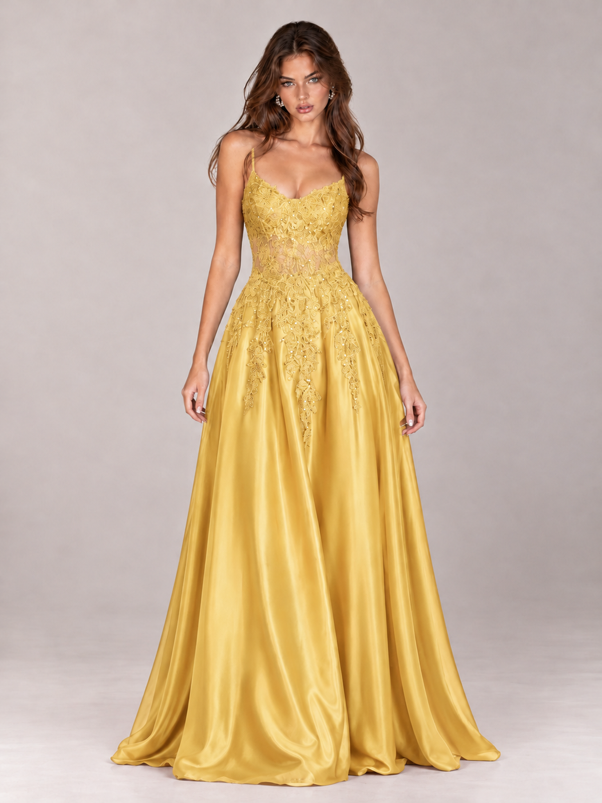 Lace Applique Satin A-Line Prom Dress with Sheer Bodice