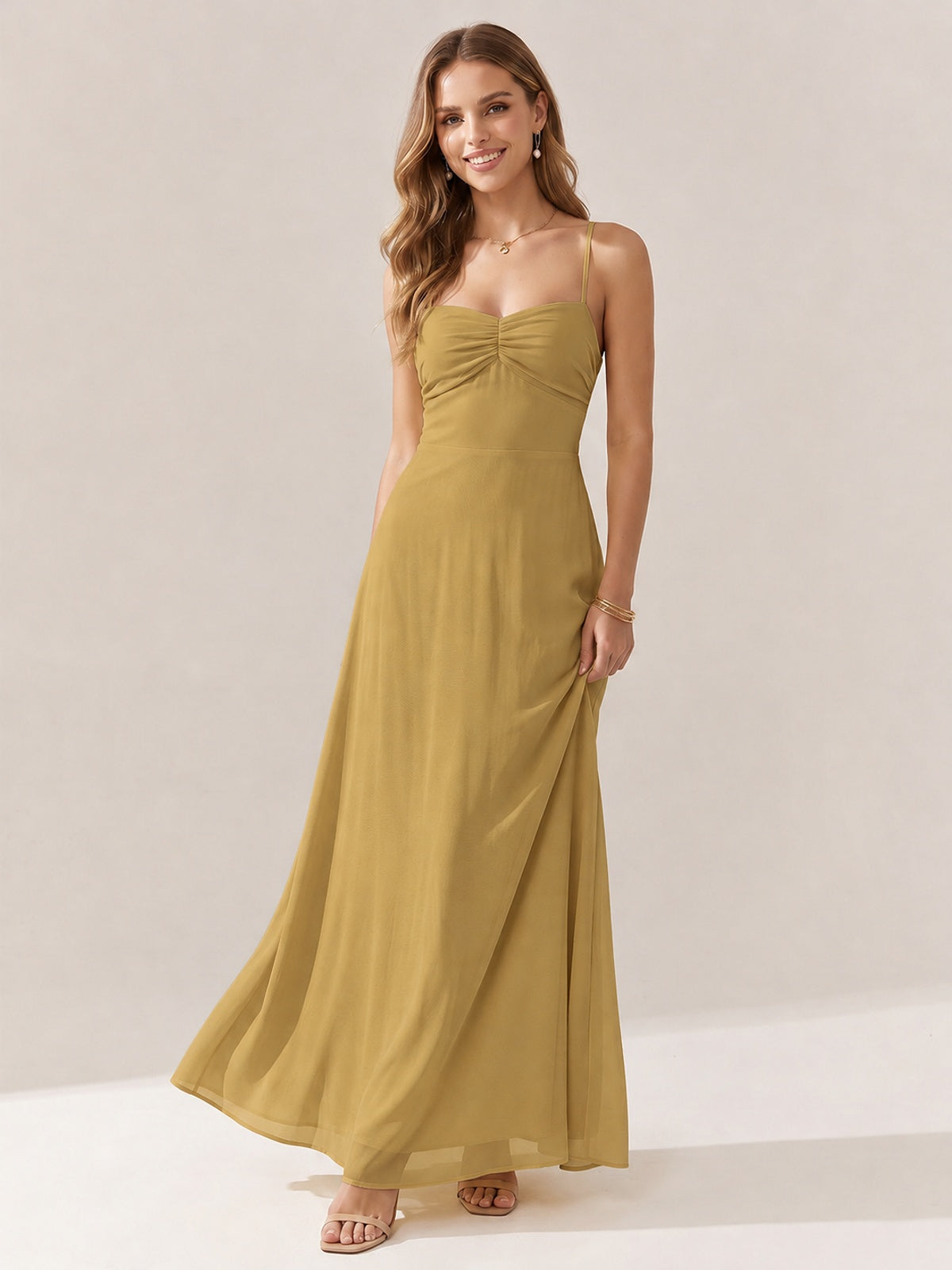JOVELLEE Yellow Sweetheart Ruched Bust Chiffon Maxi Dress