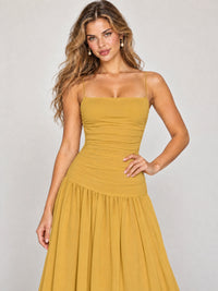 Butter Yellow Ruched Spaghetti Strap Drop-Waist Prom Dress
