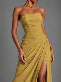 Strapless Bodycon Pleated Chiffon Formal Dress with Slit