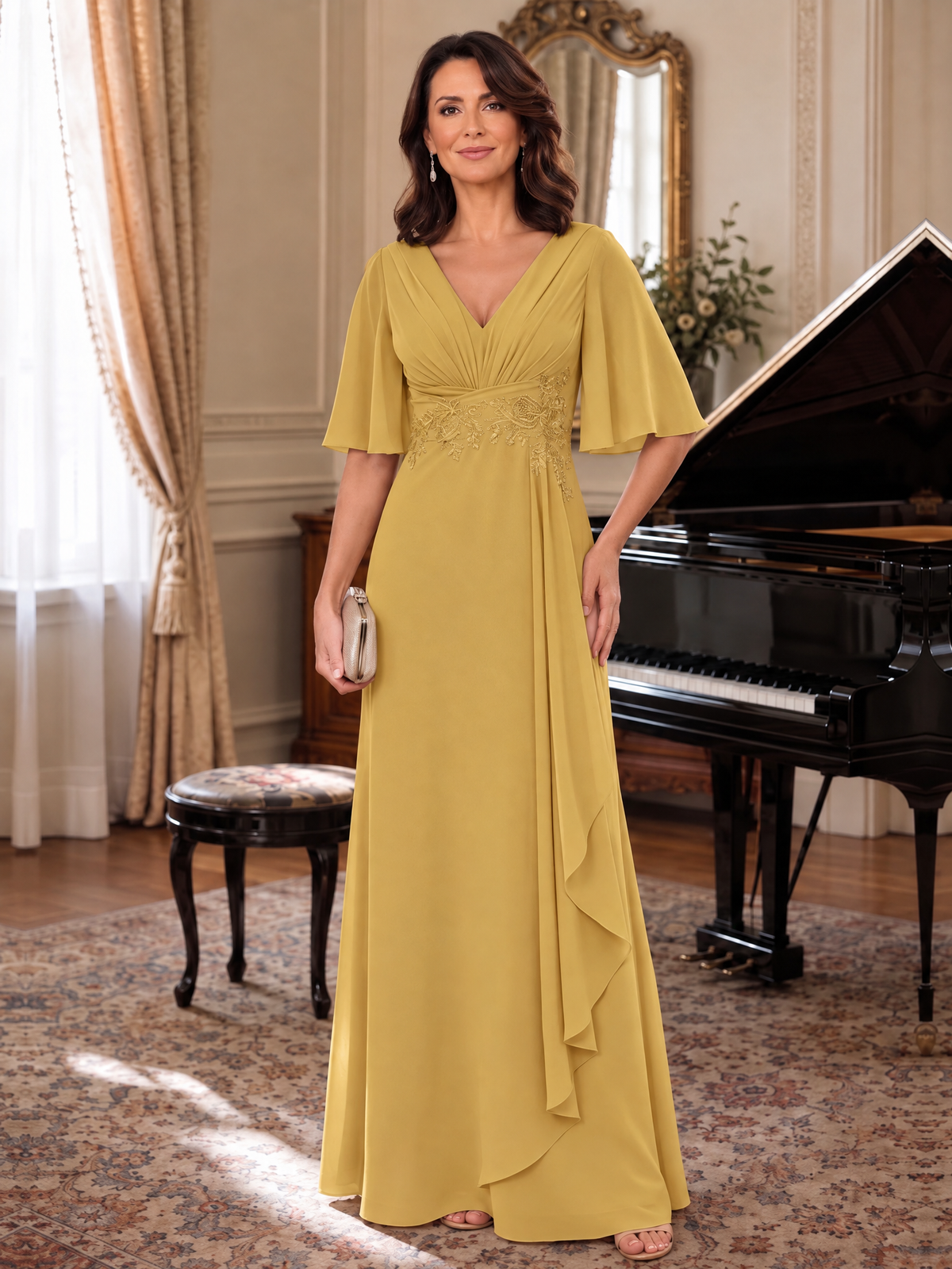 Gold V-Neck Chiffon Lace Mother of the Bride Dresses with Flutter Sleeve A-line Long Ruffled Evening Formal Wedding Guest Gown