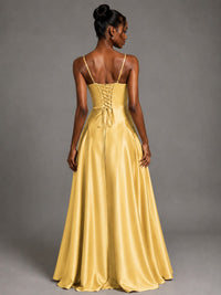 Lavender V Neck Satin Prom Dress with Spaghetti Straps