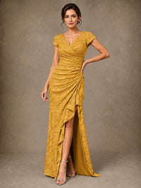 V-Neck Floral Jacquard Mother of the Bride Dress with Slit
