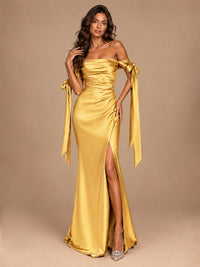 Off The Shuolder Satin Prom Dress Slit Mermaid Formal Gowns