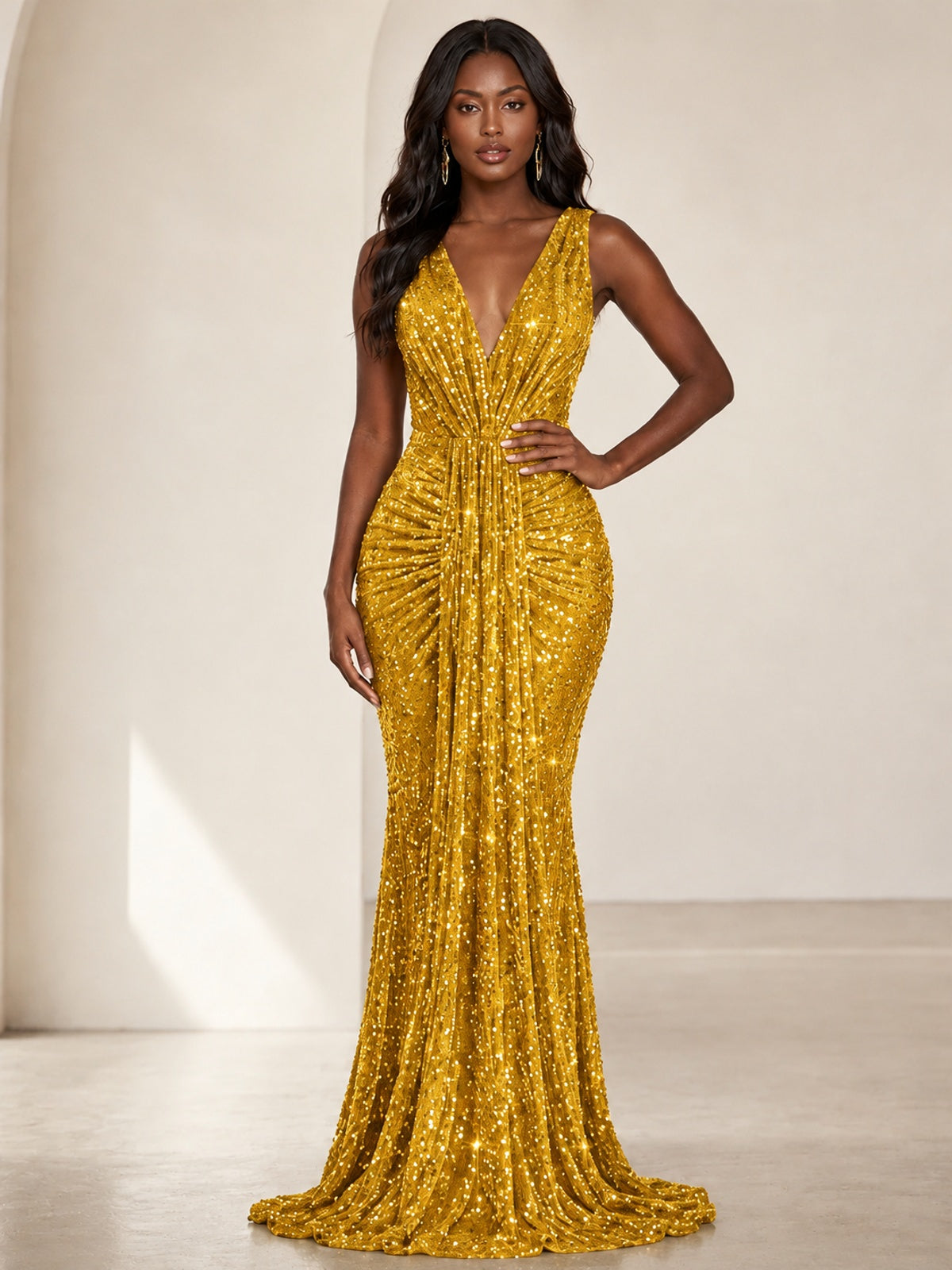 Sequin Mermaid Prom Dress with V-Neck and Ruched Waist