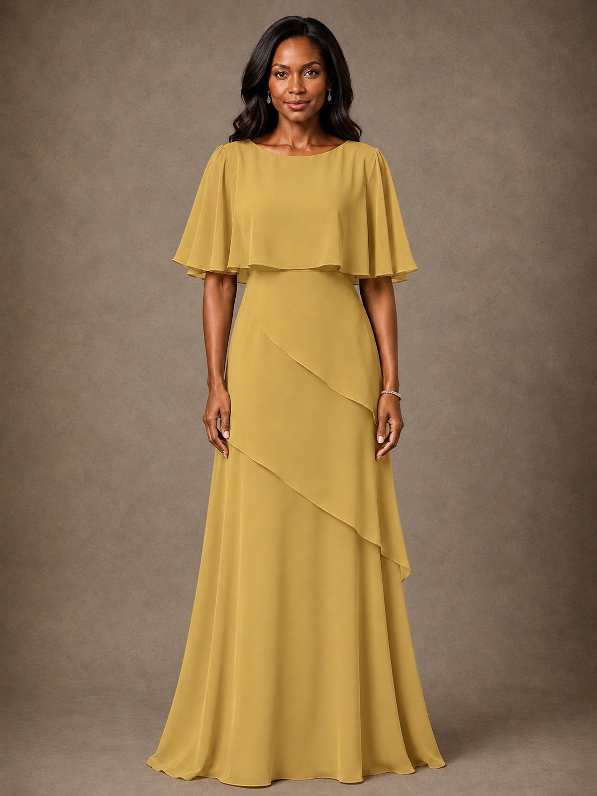 Taupe Chiffon A-Line Mother of the Bride Dress with Cape Sleeves