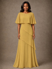 Taupe Chiffon A-Line Mother of the Bride Dress with Cape Sleeves