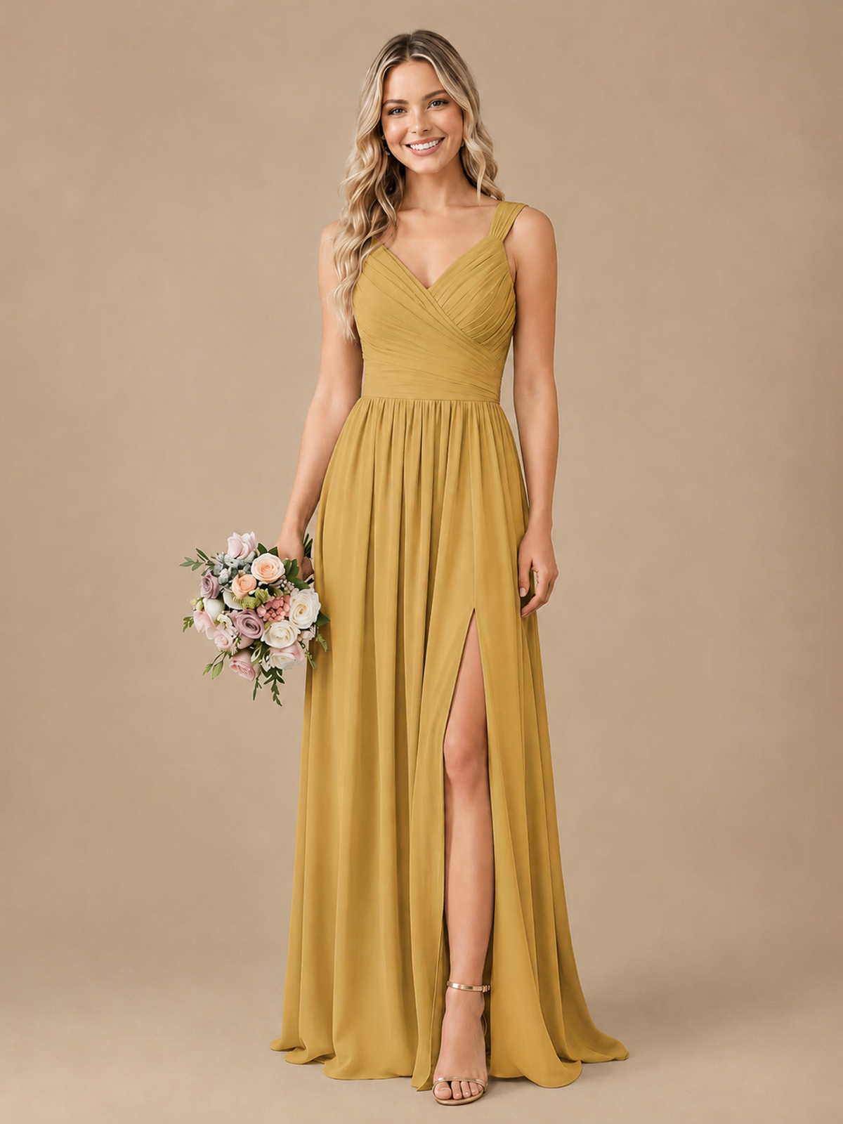 Pleated Chiffon V Neck Wedding Bridesmaid Dresses Floor Length with Slit