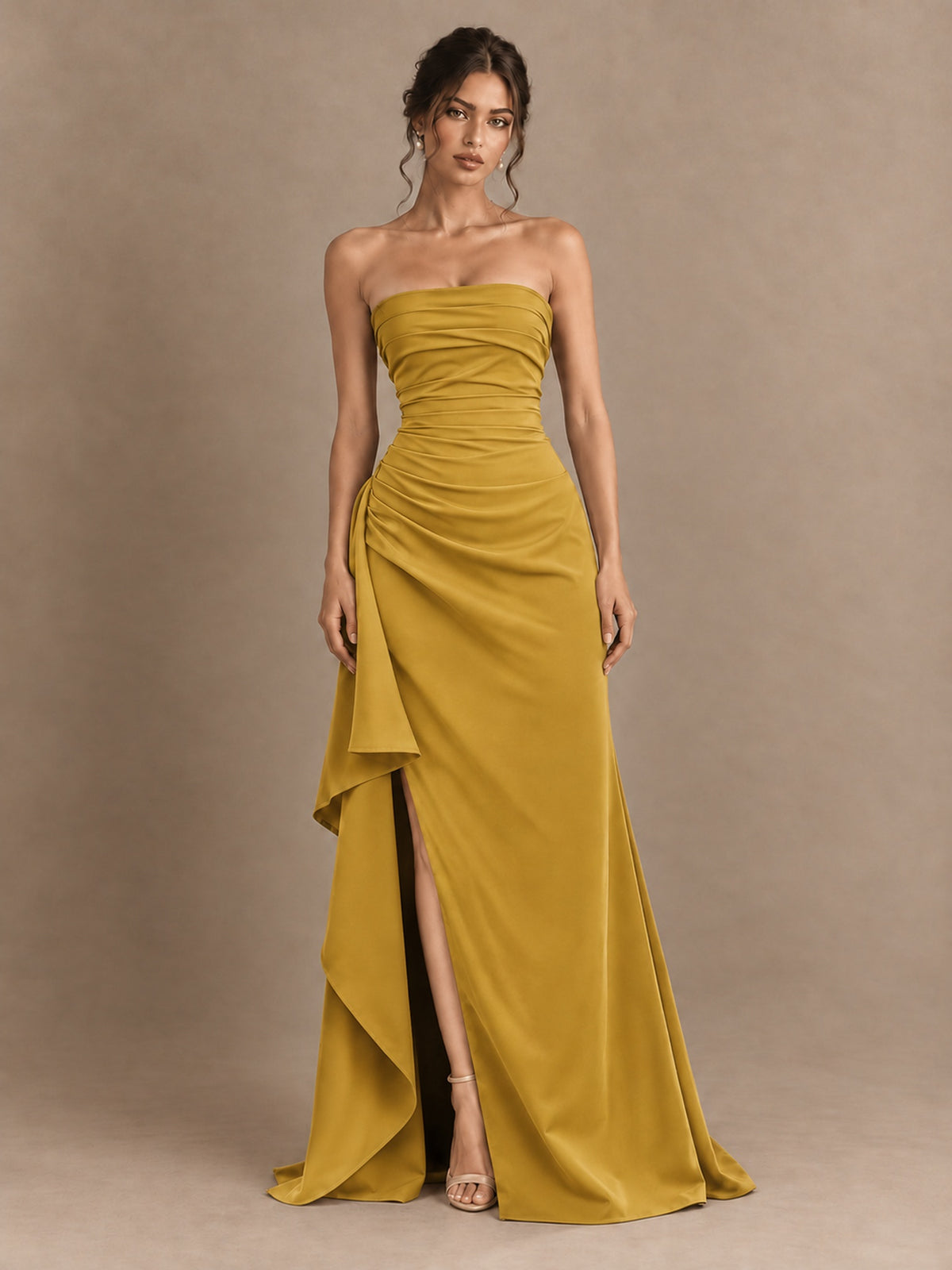 Black and White Strapless Ruched Prom Dress with High Slit & Side Drape